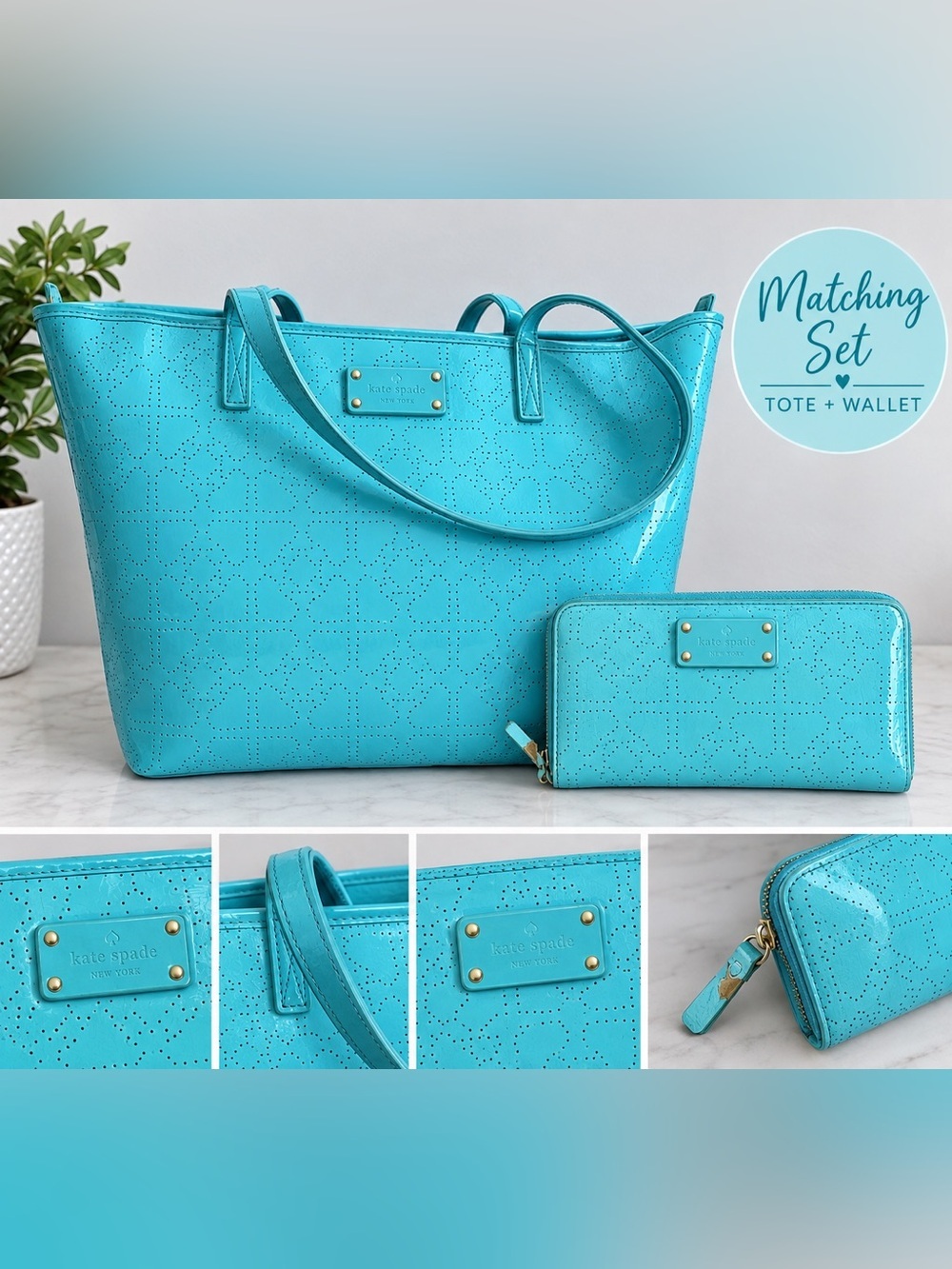 Kate Spade New York Perforated Patent Leather Aqua Tote Bag & Wallet Set